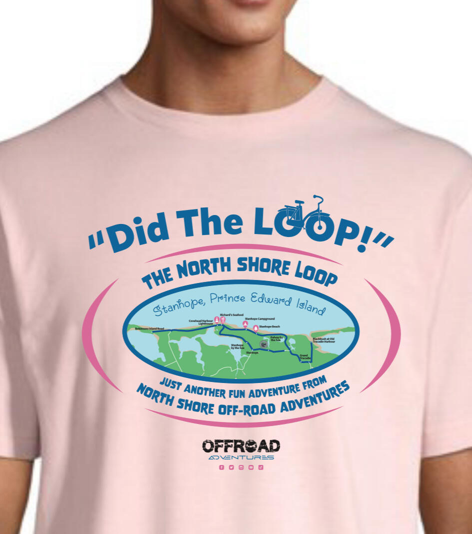 T Shirt with local riding map and suggestion for our ebikes, ride along the north shore with all the great stops along the way. Dalvay by the Sea - Richards Seafood at Covehead harbor - Misty Blue Waters - Covehead Lighthouse - Robinsons Island - Stanhope
